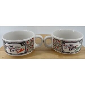 Soup Mugs w/Handles 12oz Set of 2 Farm Fresh Stackable Houston Harvest Bowls VTG